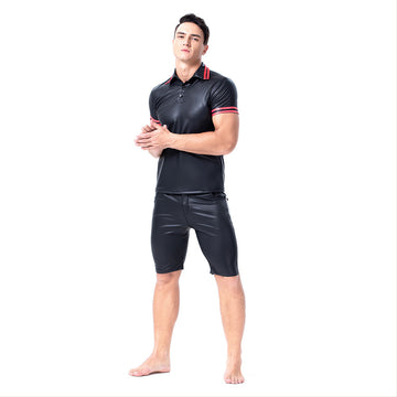 Halloween Traje de Charol Camiseta y Pantalones Cortos Traje Sexy de Club Nocturno para Adultos Masculino